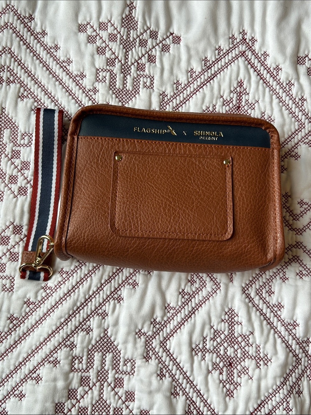 Shinola + American Airline  Brown Leather Zip Pouch with Navy Accent